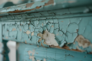 Close-up of peeling turquoise paint on wood

