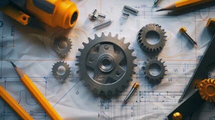 Intricate gears and tools on technical blueprints represent the precision and meticulousness of mechanical engineering.