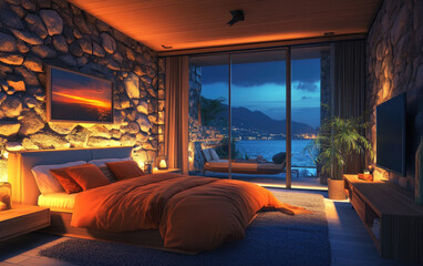 A modern bedroom with stone walls, large windows overlooking the sea at night, orange and blue lighting, a comfortable bed. Created with AI