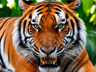 Fototapeta premium A close-up of a fierce tiger's face, showing its intense gaze, sharp teeth, and vibrant orange fur with black stripes, set against a lush green background.