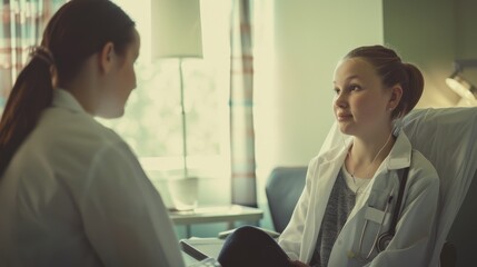 A close conversation between two young doctors in a well-lit hospital room, suggesting a discussion of patient care or medical procedures.