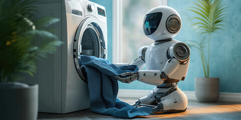 Cute robot is sitting on the floor near the washing machine and holding laundry in its hands. The robot is waiting for the washing cycle to end