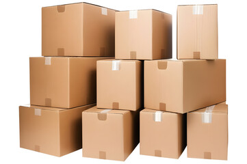 Stacked cardboard boxes isolated on a transparent or white background.