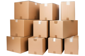 Stacked cardboard boxes isolated on a transparent or white background.