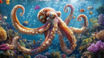 Obraz premium A giant octopus glides through a colorful coral reef, surrounded by shimmering bubbles and darting fish.