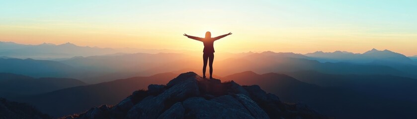 Fototapeta premium Silhouette of a person standing on a mountain peak with arms raised at sunrise, symbolizing freedom and achievement.