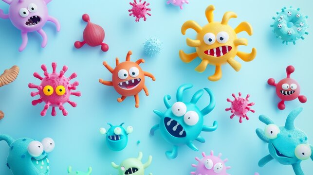 An assortment of colorful, cartoon-like germs and viruses float against a light blue background, each with a quirky, unique appearance. - Powered by Adobe