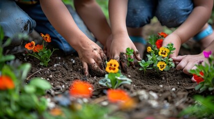 Fototapeta premium Family Gardening: The family plants flowers and vegetables in the garden, their hands full of soil, delighting in the soothing rhythm and natural connection. 