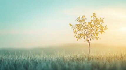 Fototapeta premium Solitary tree in tranquil field, bathed in soft sunlight creating a serene natural scene evoking peace and solitude.