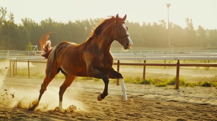 Obraz premium A horse kicking up dust as it plays energetically in an outdoor arena, with golden sun rays highlighting its robust and lively movement.