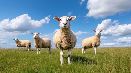 Naklejka premium Three Sheep in a Green Field Looking at the Camera - Three sheep standing in a field of green grass, looking directly at the camera. The sheep are white with a touch of brown on their legs. The sky 
