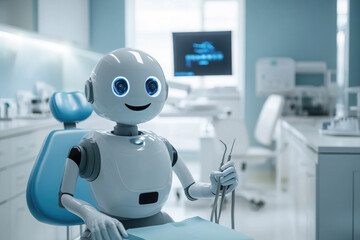 A modern medical robot dentist performs a dental filling operation on a patient in a modern dental office equipped with advanced technologies.