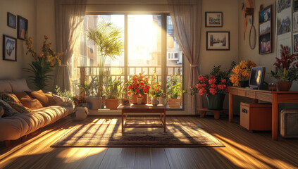 A cozy living room with sunlight streaming through the window, creating long shadows on the wooden floor and illuminating various flowers in vases placed around it. Created with AI