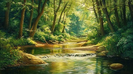 Obraz premium Tranquil Forest Stream with Sunbeams and Lush Greenery - A serene forest scene with a sparkling stream flowing through lush greenery, sunbeams filtering through the trees, creating a peaceful and tran