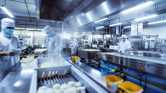 A large, modern food processing facility is bustling with precisely coordinated activity, ensuring high standards and efficiency.