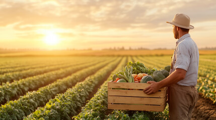 Handsome smiling farmer holding a box of organic vegetables against the backdrop of his farm in the sunlight. Farmer with basket full of fresh harvest in his hands. Vegetables healthy organic food