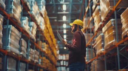 A worker in a yellow hard hat inspects inventory under the bright lights of an expansive, organized warehouse.