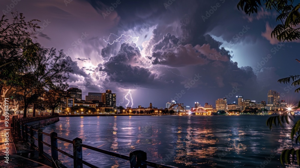 Poster bright lightning flashes across the dark stormy sky, reflecting on the calm river below, while the c