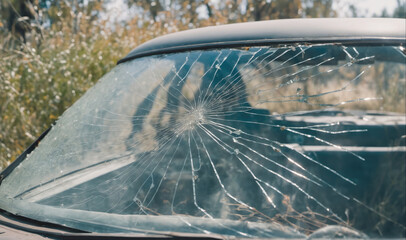 Obraz premium A cracked windshield on an old car sits abandoned in a field of tall grass