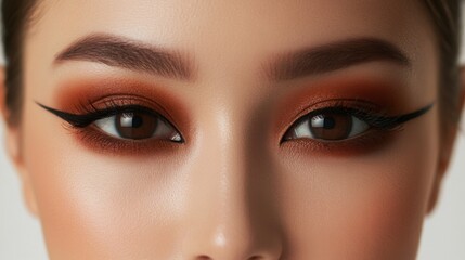 A woman displays intricate eye makeup featuring bold eyeliner and warm shades that accentuate her features.