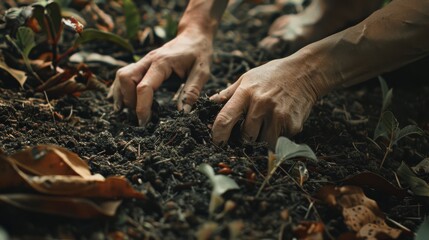 Hands delicately working the soil, embodying care and connection to nature in a gardening scene with leaves scattered around.