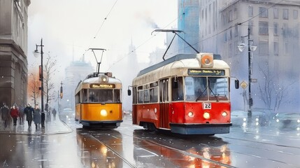 Vintage Tram Cars in a Rainy Cityscape - Two vintage tram cars travel through a misty city street.  The yellow tram car is in the foreground while a red tram car is further back. A cityscape of buildi