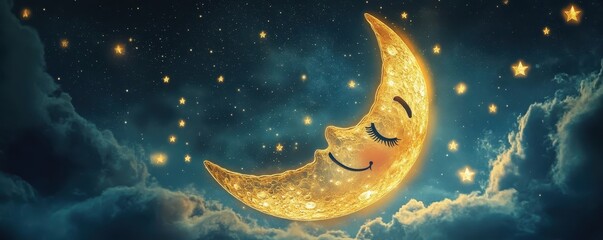 Naklejka premium Whimsical illustration of a smiling crescent moon among the stars, surrounded by clouds, creating a serene and magical night sky scene.