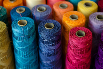 Colorful spools of yarn arranged in rows

