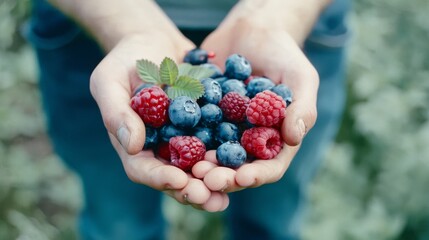 Hands gently hold a collection of fresh blueberries and raspberries, showcasing vibrant colors and a bountiful harvest gathered in a natural outdoor setting.