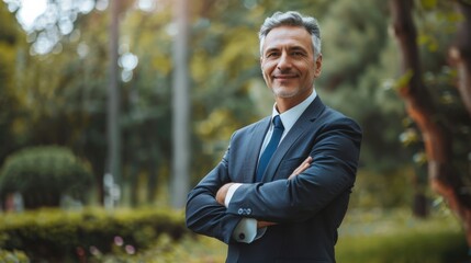 An assertive man in a dark suit stands confidently in a lush garden with towering trees, illuminated by soft sunlight.