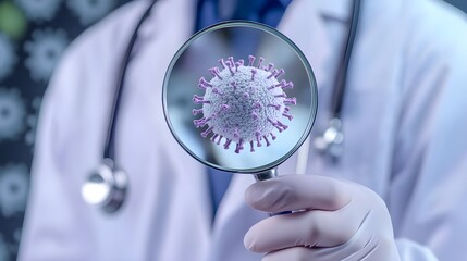 Doctor hold magnifying glass with monkey pox virus