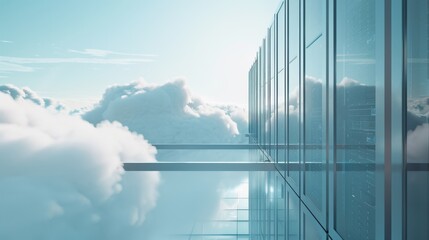 A sleek, glass-paneled building stretches into the sky, merging seamlessly with the clouds, creating a surreal, futuristic vista.
