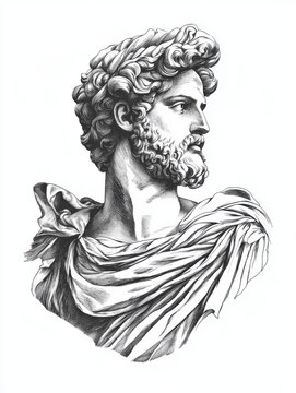 Black and white Vintage engraved art of a classic half-body portrait statue of Aeolus with a windswept cloak, isolated on white background, ink sketch illustration, simple vector art design