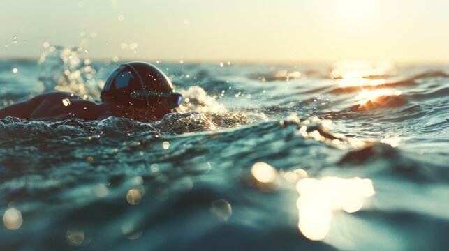 An athlete swimming briskly in open water, illuminated by the golden hues of the setting sun, capturing the essence of determination and connection with nature.