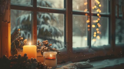 A cozy winter scene with candles burning on a window sill, a snowy landscape visible through the...