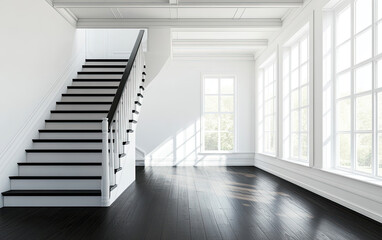 White interior with a black staircase and windows. Black wooden floor in a modern home. Created with AI