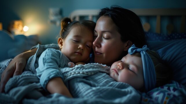 Tucking In: A parent gently tucks their child into bed, smoothing the covers and planting a goodnight kiss, while the nightlight casts a warm, soothing glow.
