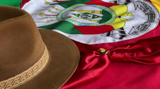 Hat, red gaucho scarf and State Flag of Rio Grande do Sul - Brazil, on the table. Decoration to commemorate the traditional Week in southern Brazil. Farroupilha from the Gauchos.	
