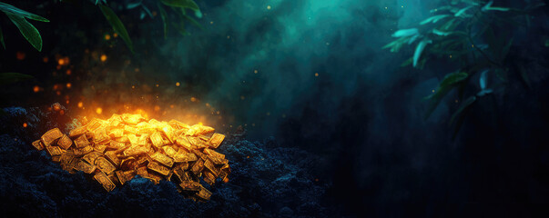 A treasure of shining gold bars hidden in a mystical forest, surrounded by mysterious fog and vibrant green foliage.