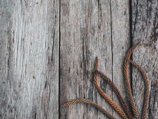 Brown dry pine leaves on old wood for a retro style background.