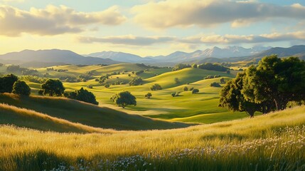 Obraz premium Sunlit Meadow Landscape with Rolling Hills and Distant Mountains