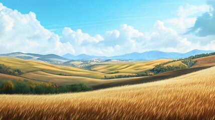 Fototapeta premium Golden Fields and Distant Mountains