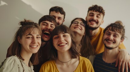 Seven friends, arm in arm, share a moment of joyful laughter, epitomizing a close bond and treasured companionship.