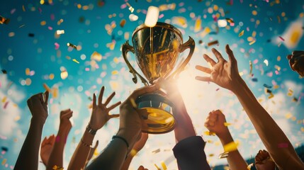 A triumphant group holds a trophy up high amid a shower of confetti, illuminated by stadium lights, reflecting teamwork and victory.