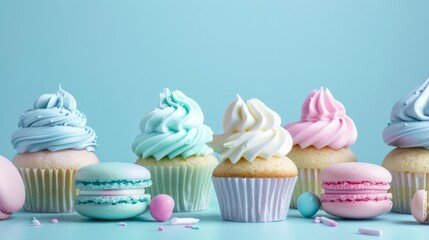 Pastel Cupcakes and Macarons on a Blue Background.