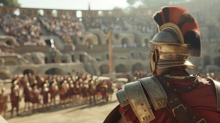 Naklejka premium A Roman general, clad in resplendent armor, gazes over a full arena, representing ancient Rome's grandeur and historical significance.