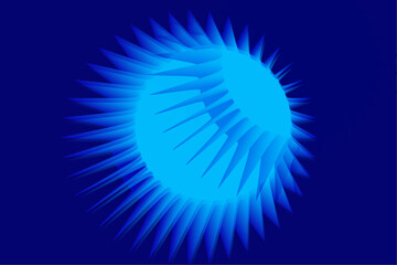 A blue abstract sunburst radiates from the center against a dark blue background, creating a striking visual effect