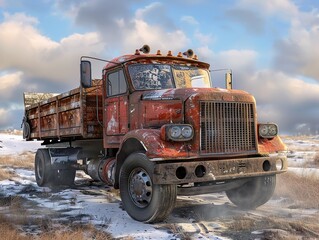 Rusty Vintage Dump Truck in a Snowy Field