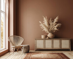 A warm, earthy brown wall in an interior design setting with a wooden cabinet and wicker chair. Created with AI