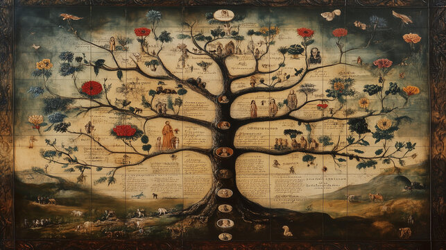 A large tree with many branches and leaves, with a map of the world below it. The tree is surrounded by many people, some of whom are labeled with numbers. Concept of growth and interconnectedness